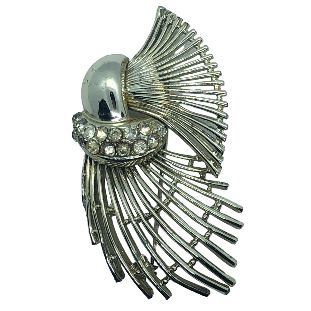 Silver Tone Broach Abstract Angel Art To Wear Filigree Clear Stones Pin